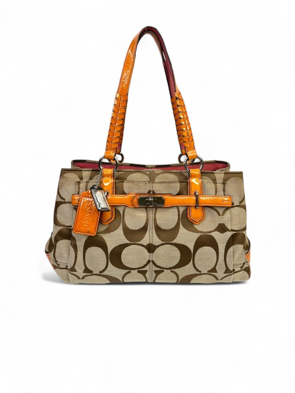 Vintage Coach Chelsea Jayden Signature Tote Khaki Orange Patent Leather Bag
